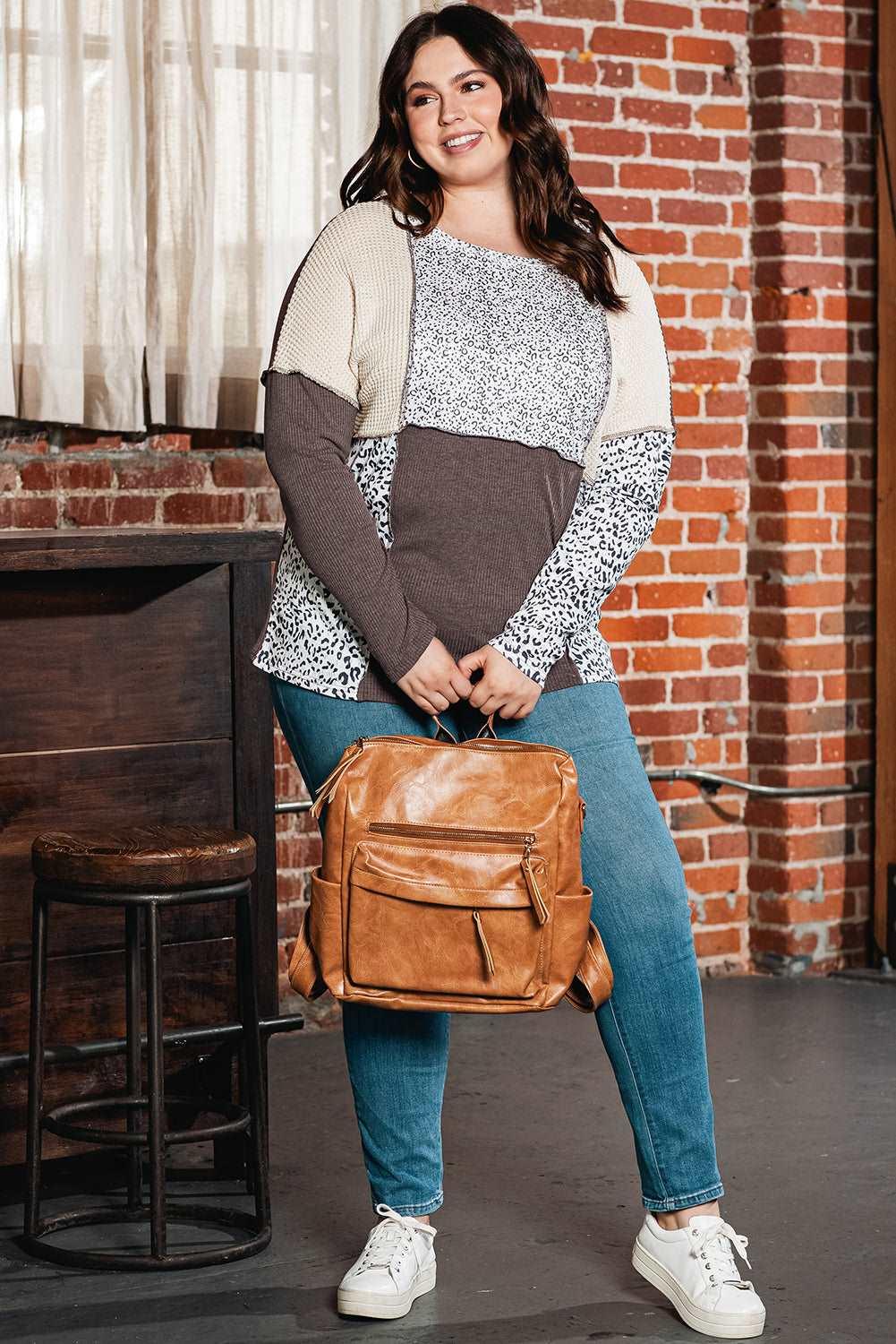 Cocoa Feline Waffle Patchwork Plus Size Top