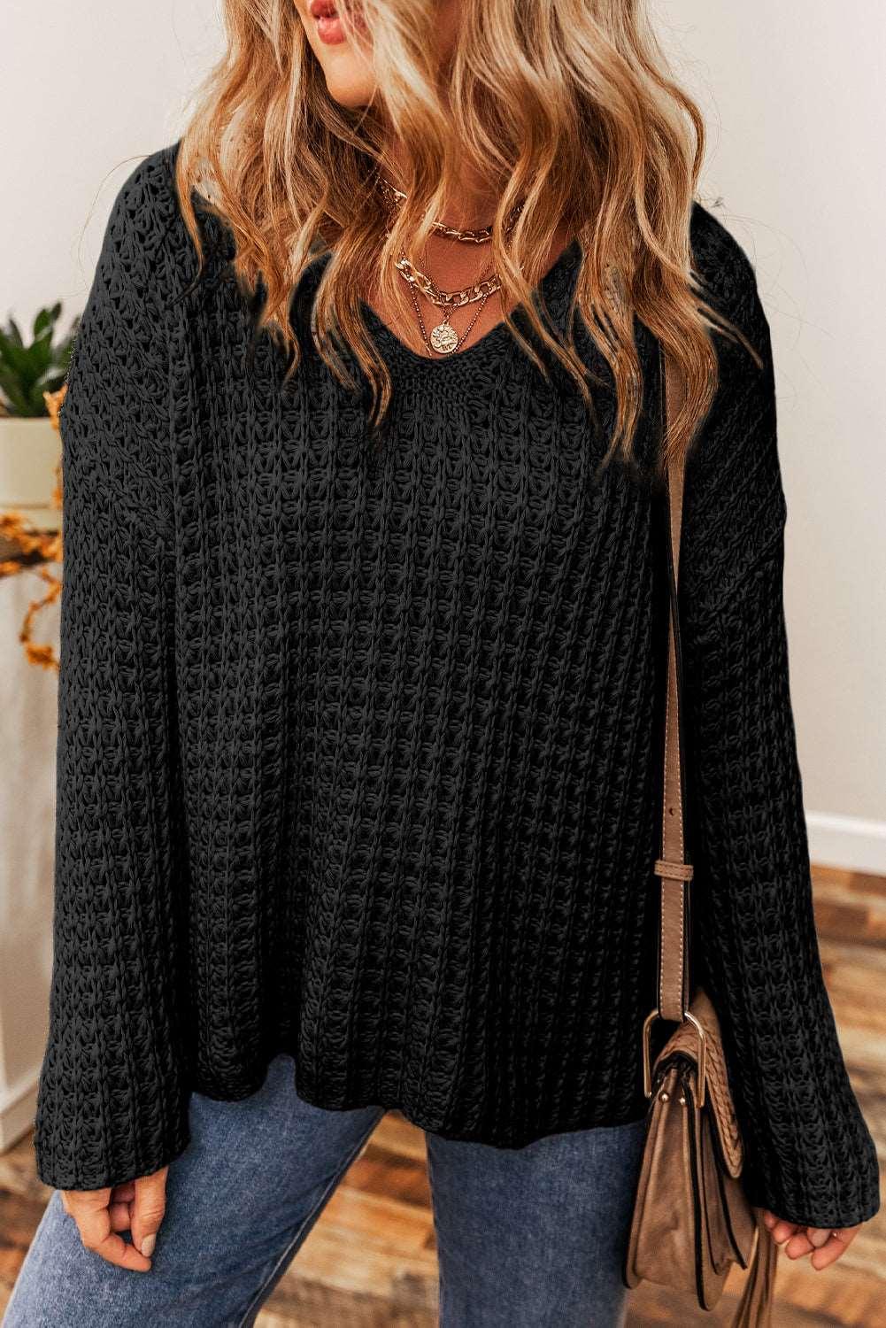 Crocheted V-Neck Hollow Sweater