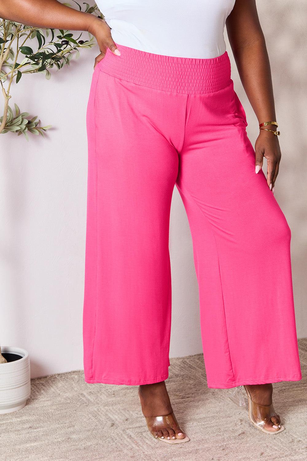 Double Take Full Size Smocked Wide Waistband Wide Leg Pants - God's Girl Gifts And Apparel