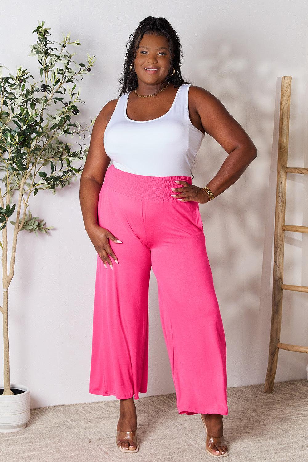 Double Take Full Size Smocked Wide Waistband Wide Leg Pants - God's Girl Gifts And Apparel
