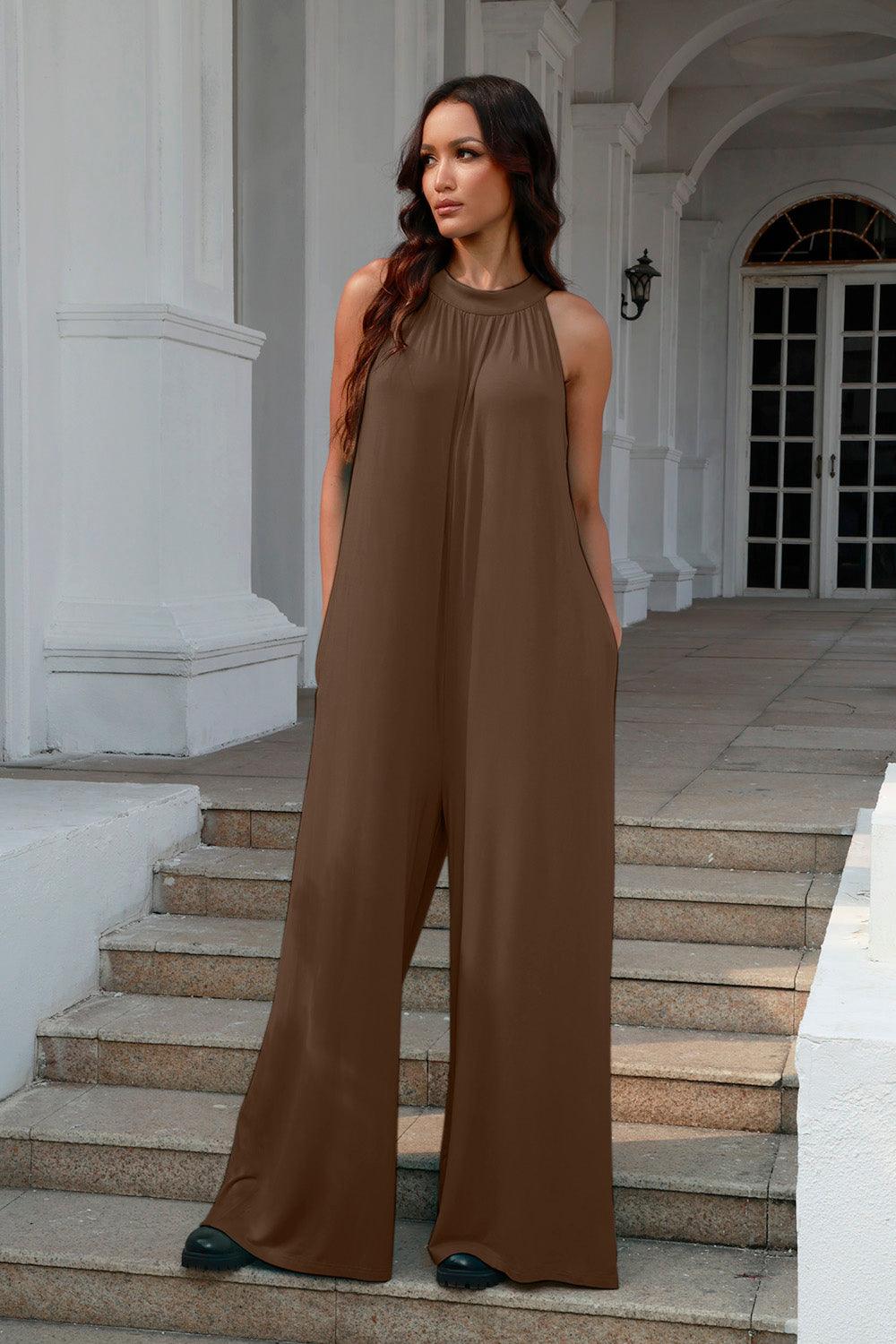 Double Take Full Size Tie Back Cutout Sleeveless Jumpsuit - God's Girl Gifts And Apparel