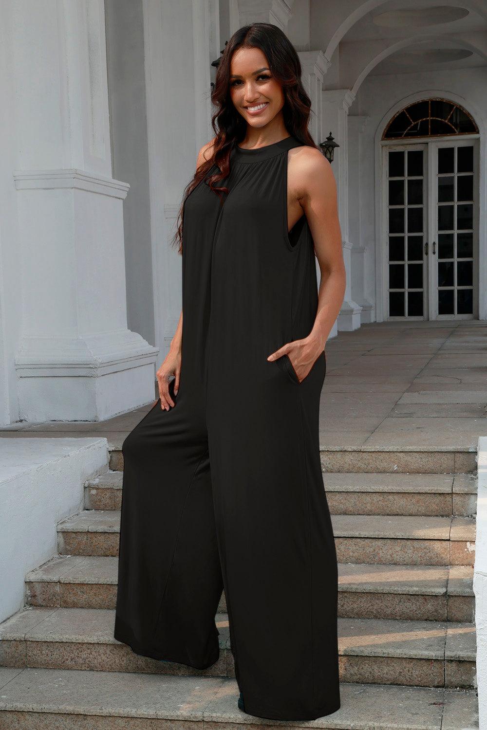 Double Take Full Size Tie Back Cutout Sleeveless Jumpsuit - God's Girl Gifts And Apparel