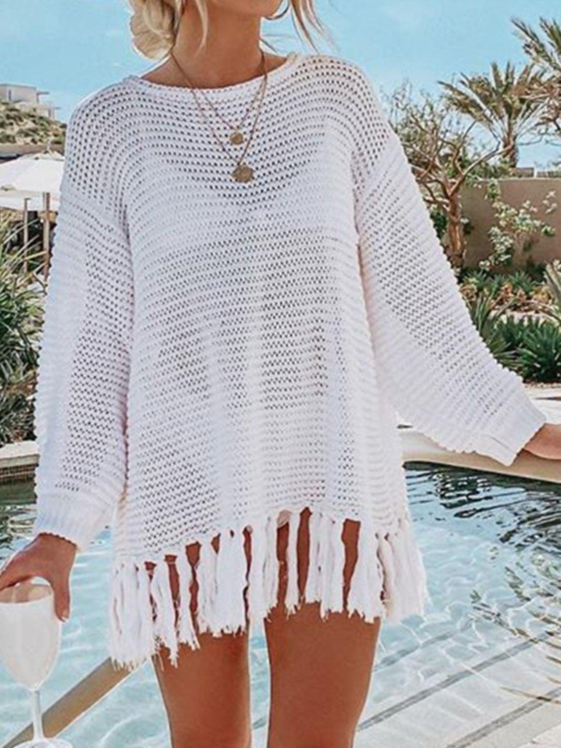 Double Take Openwork Tassel Hem Long Sleeve Knit Cover Up - God's Girl Gifts And Apparel