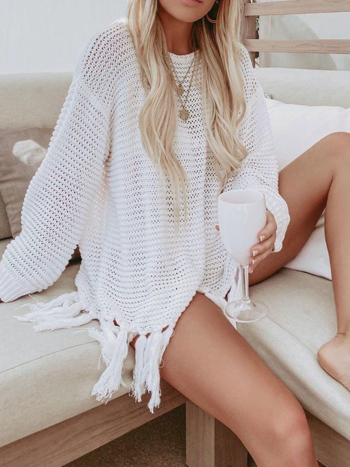 Double Take Openwork Tassel Hem Long Sleeve Knit Cover Up - God's Girl Gifts And Apparel