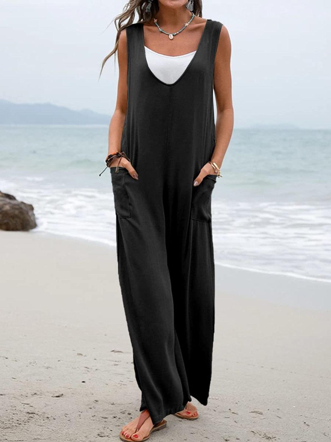 Full Size Wide Strap Jumpsuit with Pockets - God's Girl Gifts And Apparel