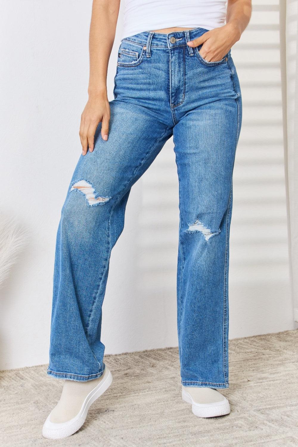 Judy Blue Full Size High Waist Distressed Straight-Leg Jeans - God's Girl Gifts And Apparel