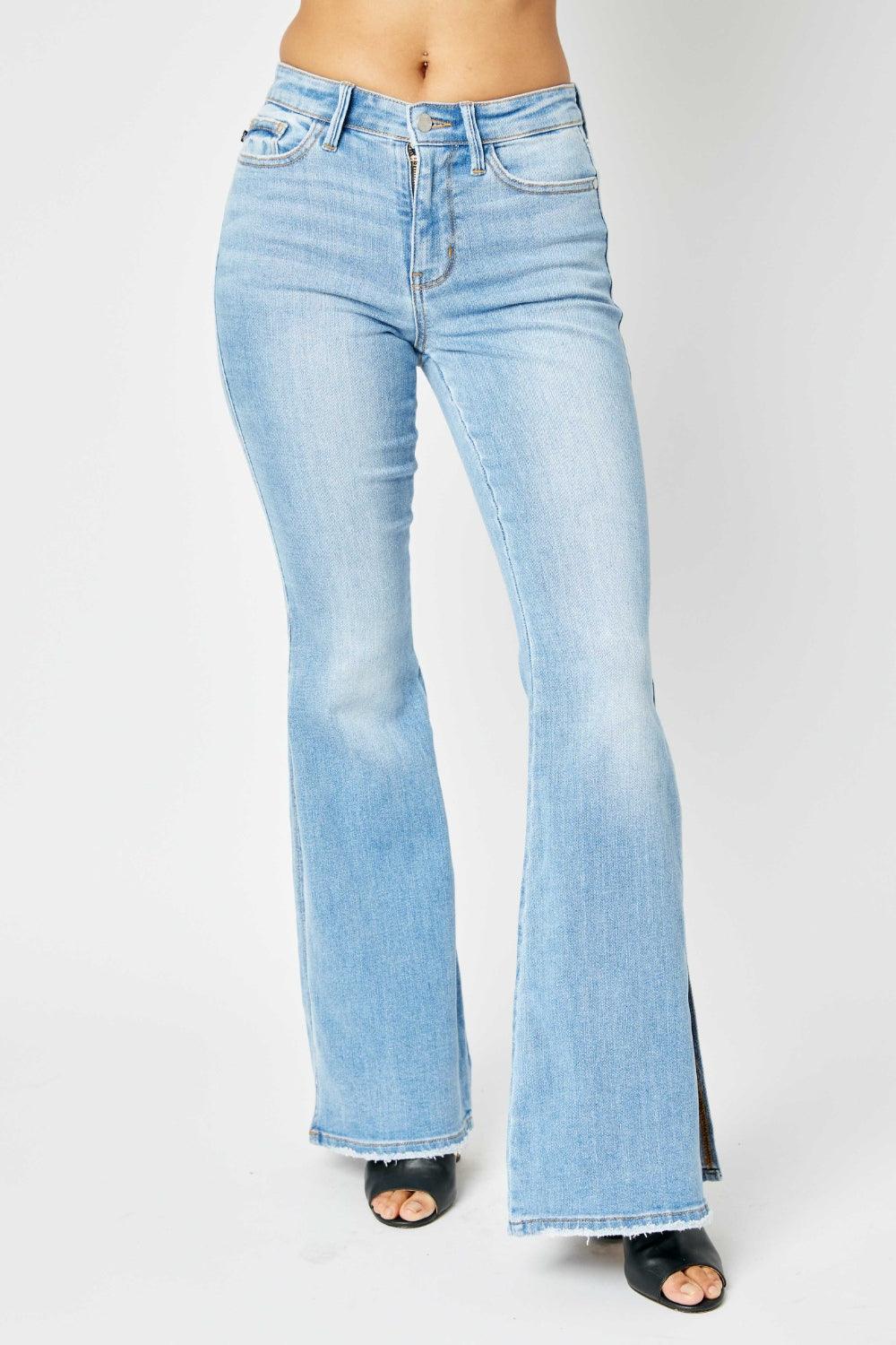 Judy Blue Full Size Mid Rise Raw Hem Slit Flare Jeans - God's Girl Gifts And Apparel