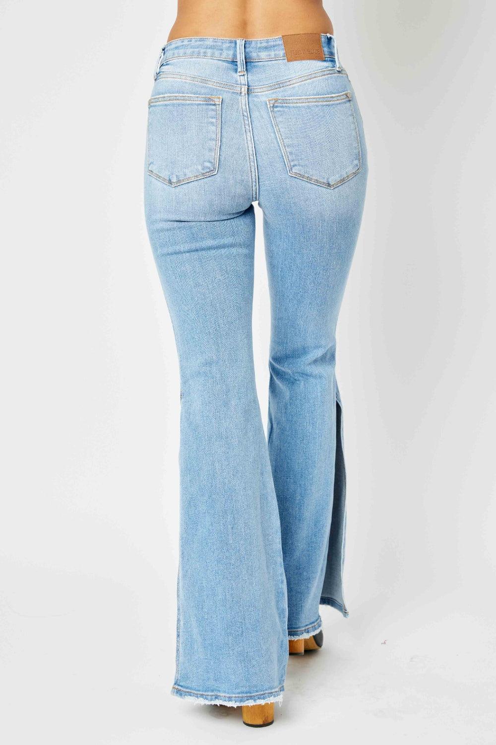 Judy Blue Full Size Mid Rise Raw Hem Slit Flare Jeans - God's Girl Gifts And Apparel