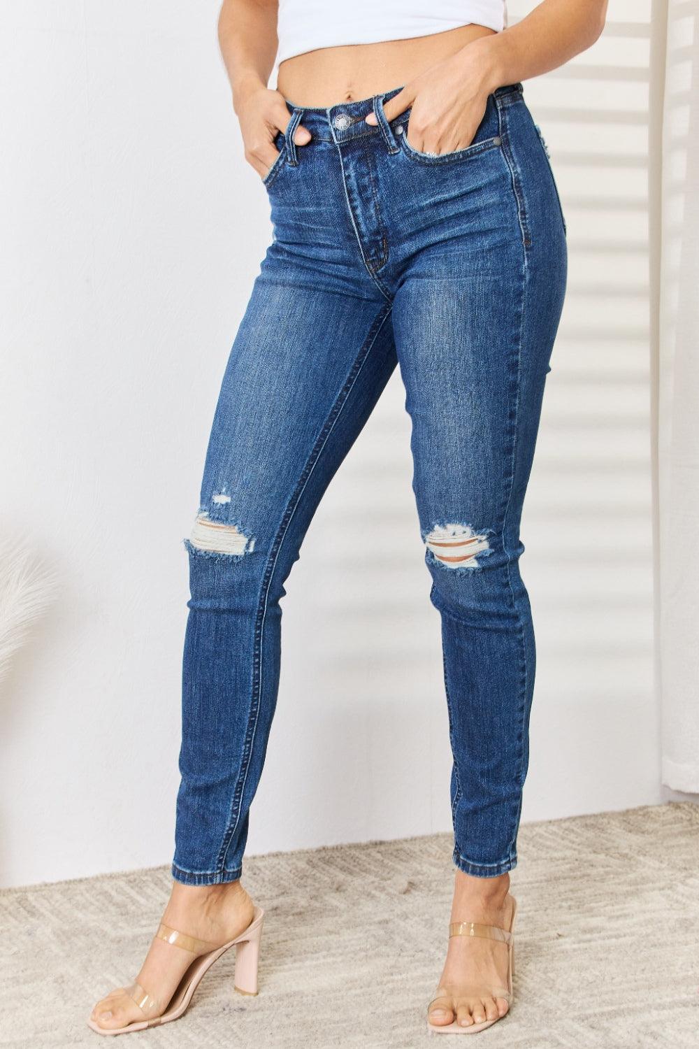 Judy Blue Full Size Mid Waist Distressed Slim Jeans - God's Girl Gifts And Apparel