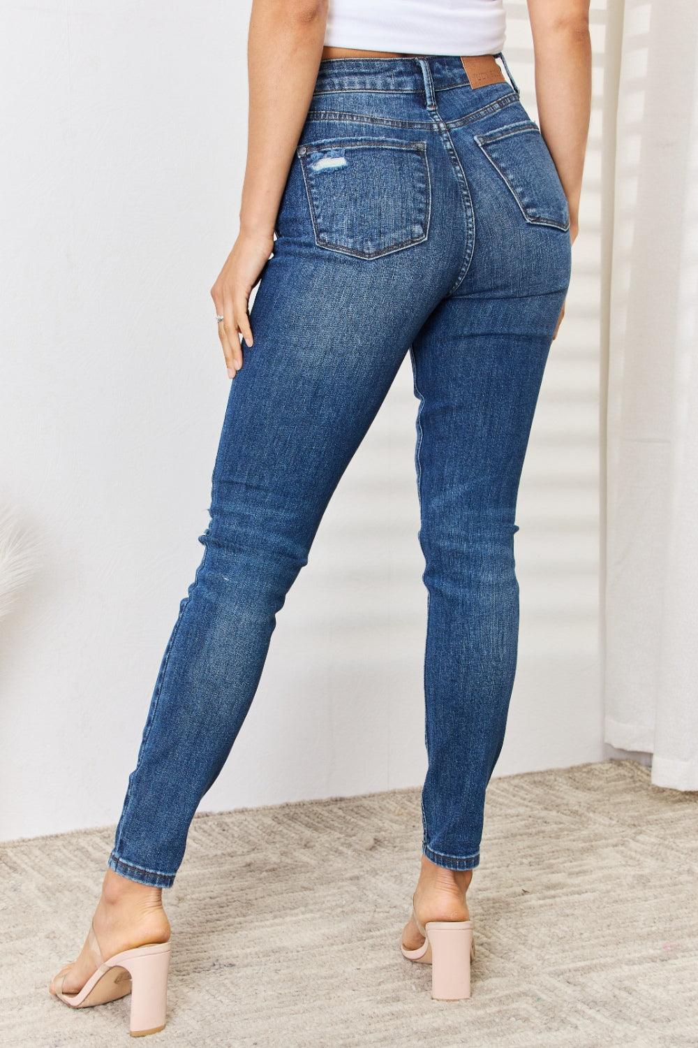 Judy Blue Full Size Mid Waist Distressed Slim Jeans - God's Girl Gifts And Apparel