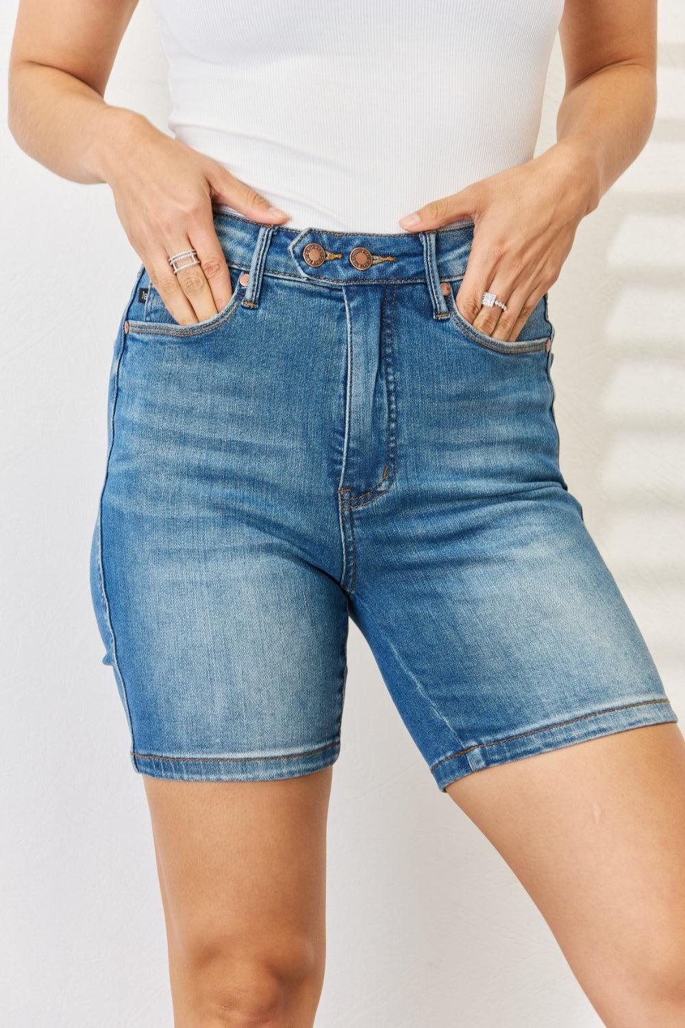 Judy Blue Full Size Tummy Control Double Button Bermuda Denim Shorts - God's Girl Gifts And Apparel