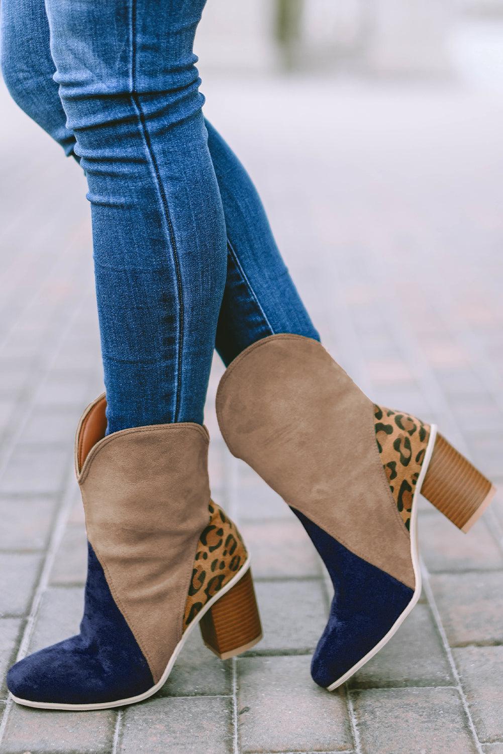 Leopard Print Color Block Patchwork Heeled Boots - God's Girl Gifts And Apparel