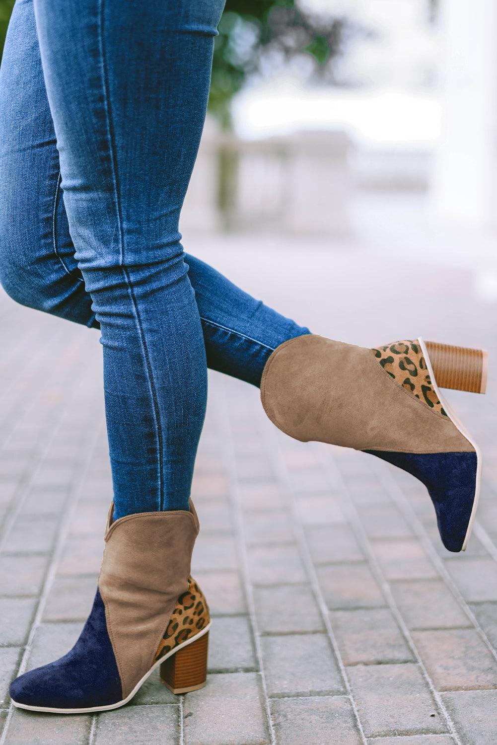 Leopard Print Color Block Patchwork Heeled Boots - God's Girl Gifts And Apparel