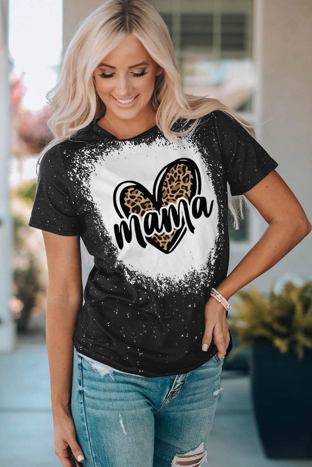 MAMA Leopard Heart Graphic Short Sleeve Tee - God's Girl Gifts And Apparel