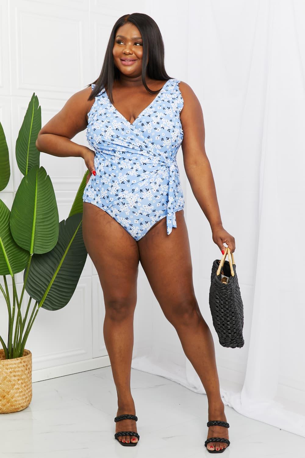 Marina West Swim Full Size Float On Ruffle Faux Wrap One-Piece in Blossom Blue - God's Girl Gifts And Apparel