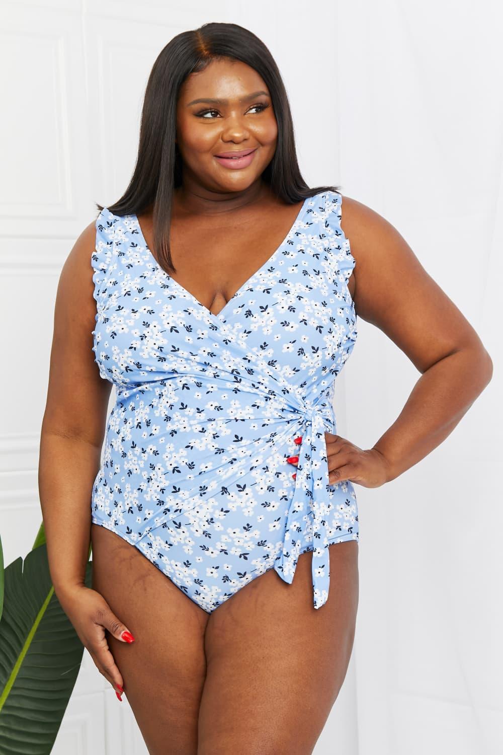 Marina West Swim Full Size Float On Ruffle Faux Wrap One-Piece in Blossom Blue - God's Girl Gifts And Apparel