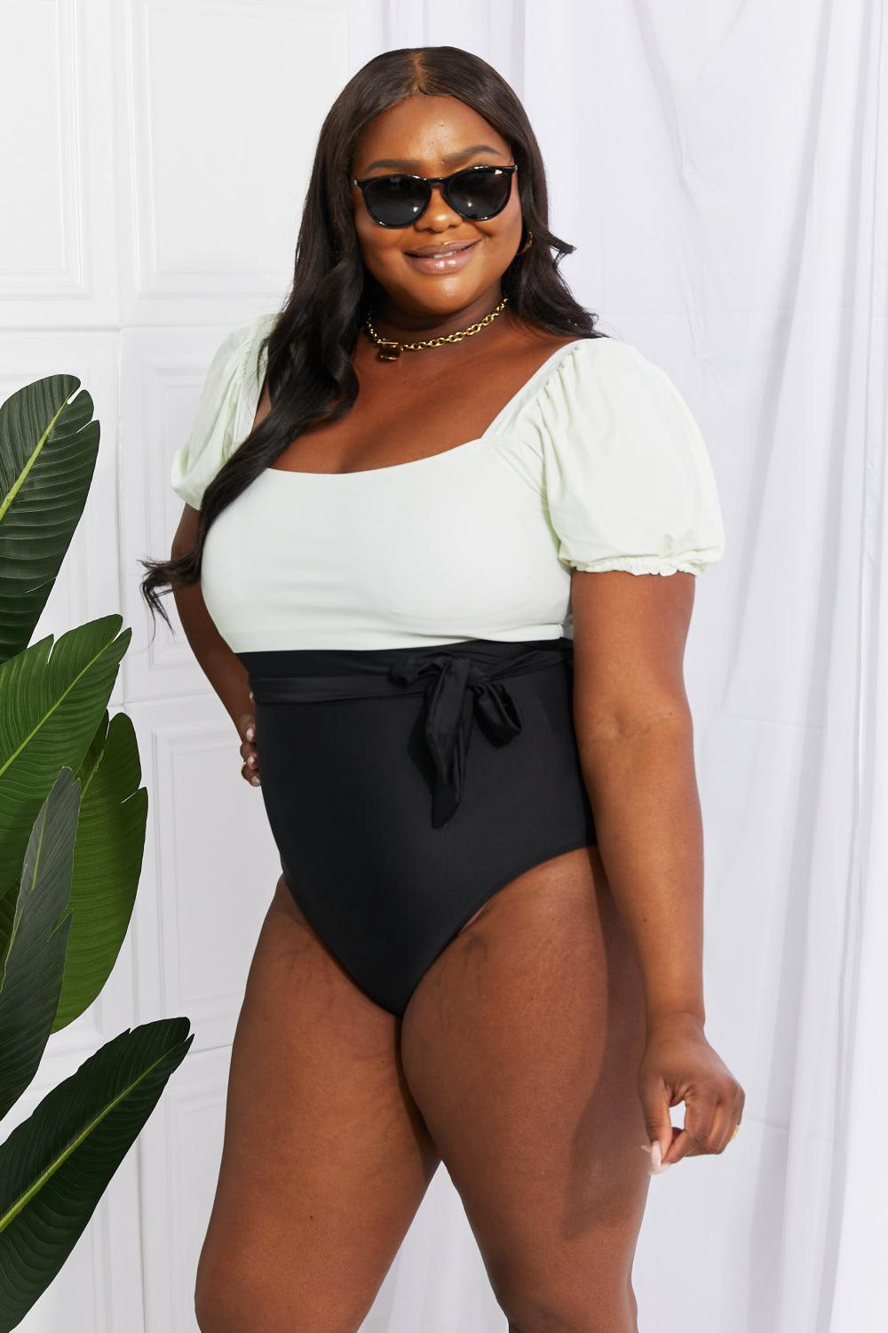 Marina West Swim Salty Air Puff Sleeve One-Piece in Cream/Black - God's Girl Gifts And Apparel