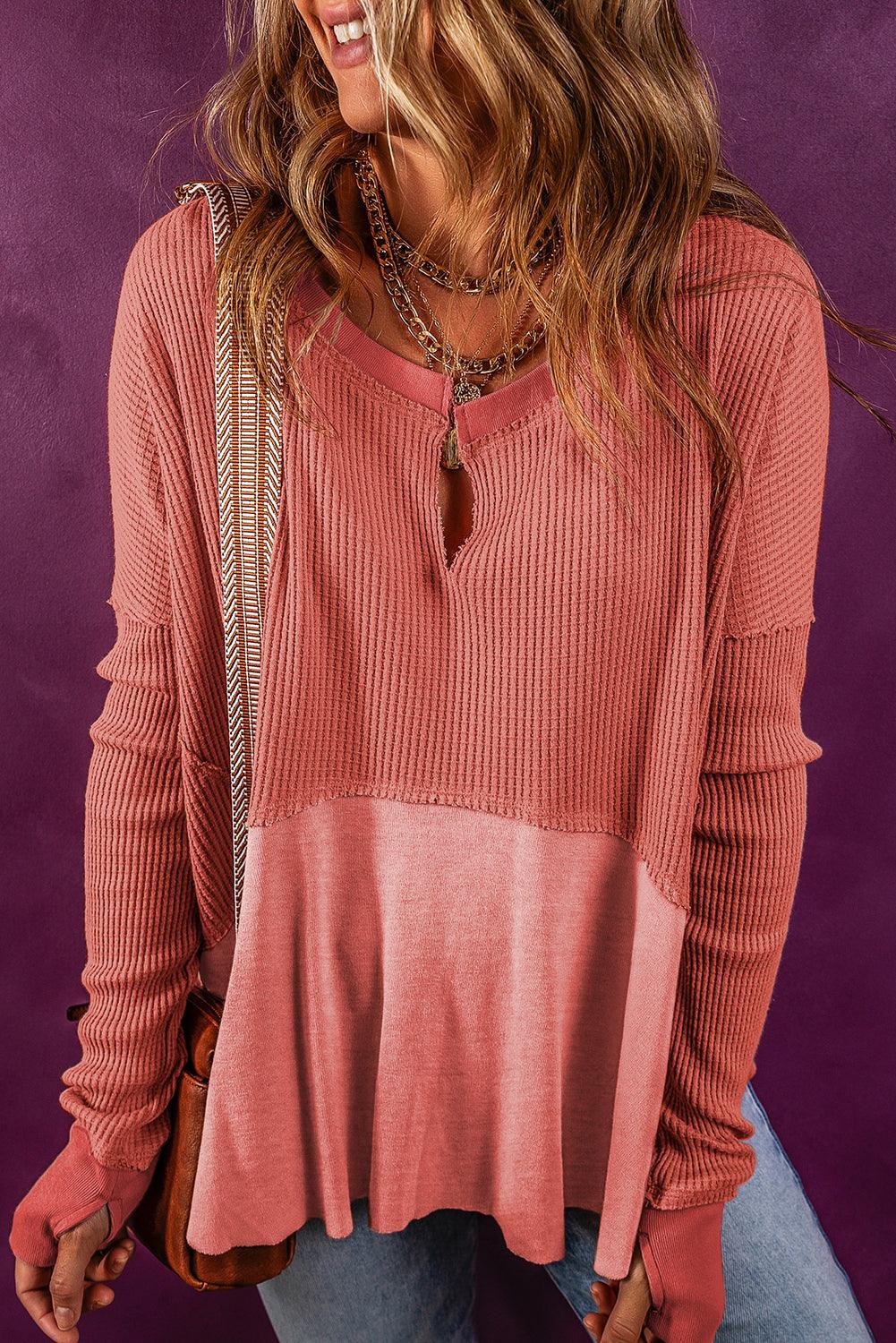 Mineral Red Exposed Seam Slit Neck Waffle Knit Patchwork Top - God's Girl Gifts And Apparel