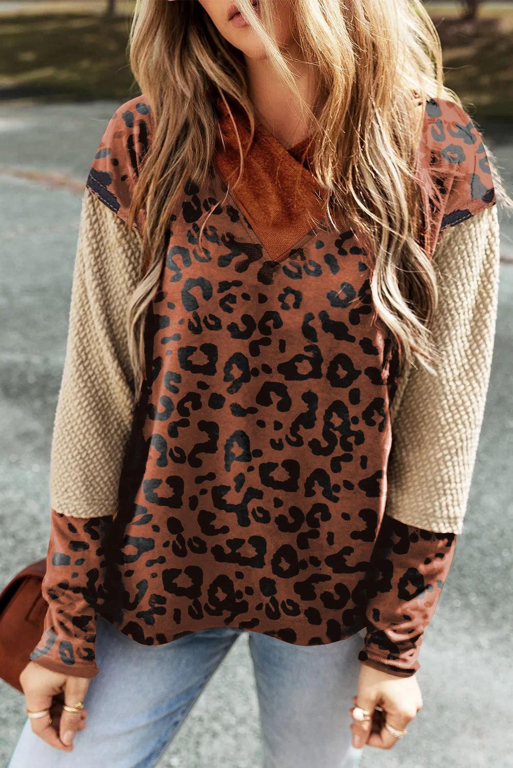 Mocha Patchwork Leopard Textured Knit Hoodie - God's Girl Gifts And Apparel