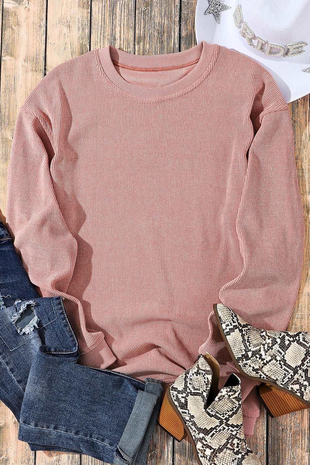 Pale Blush Ribbed Comfort Round Neck Sweater