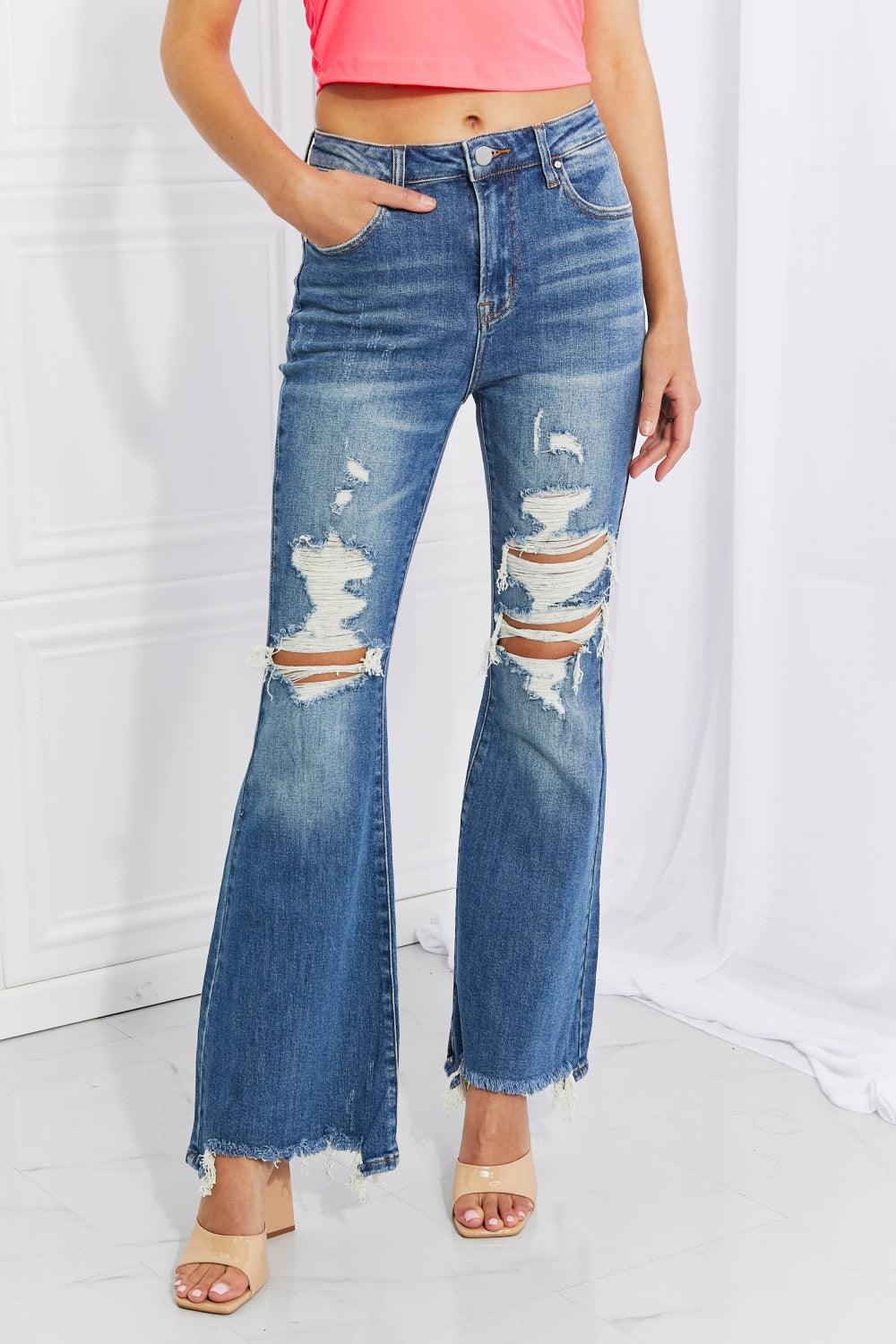 RISEN Full Size Hazel High Rise Distressed Flare Jeans - God's Girl Gifts And Apparel