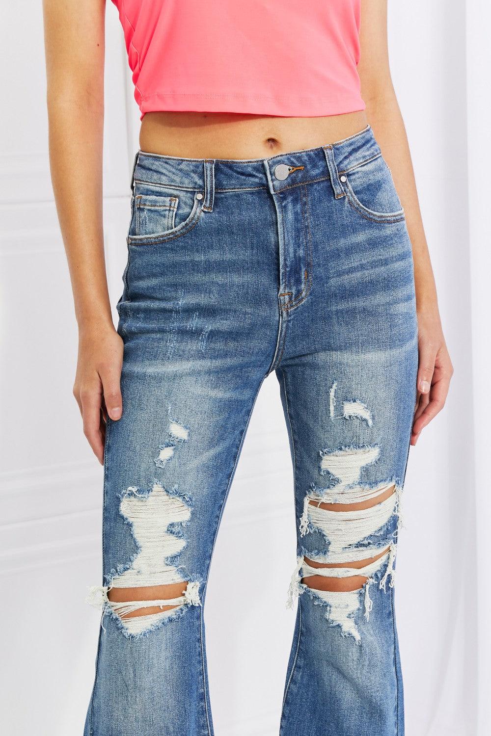 RISEN Full Size Hazel High Rise Distressed Flare Jeans - God's Girl Gifts And Apparel