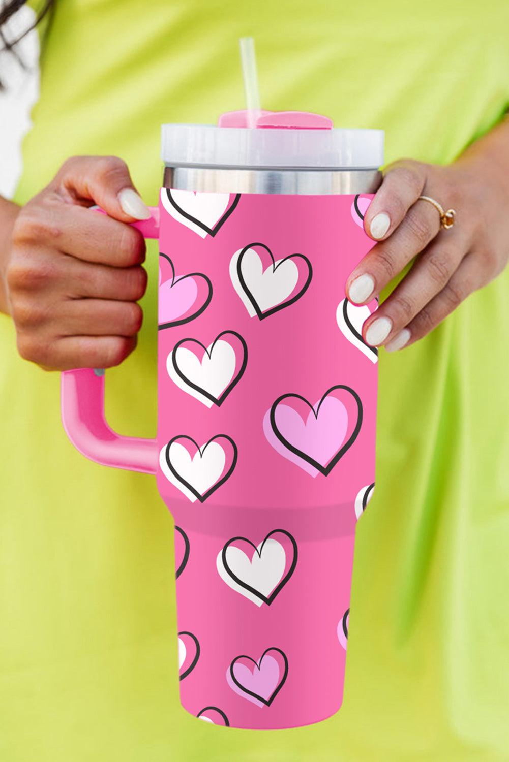 Rose Red Valentines Heart Printed Thermos Cup with Handle 40 oz - God's Girl Gifts And Apparel