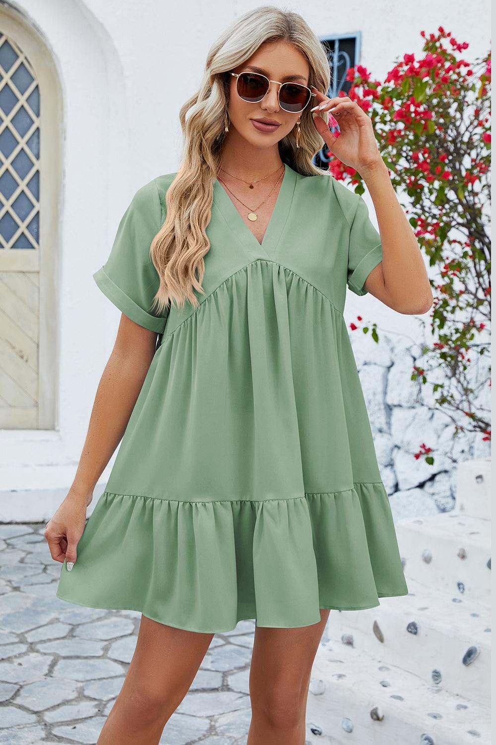 Ruched Tiered V-Neck Short Sleeve Mini Dress - God's Girl Gifts And Apparel
