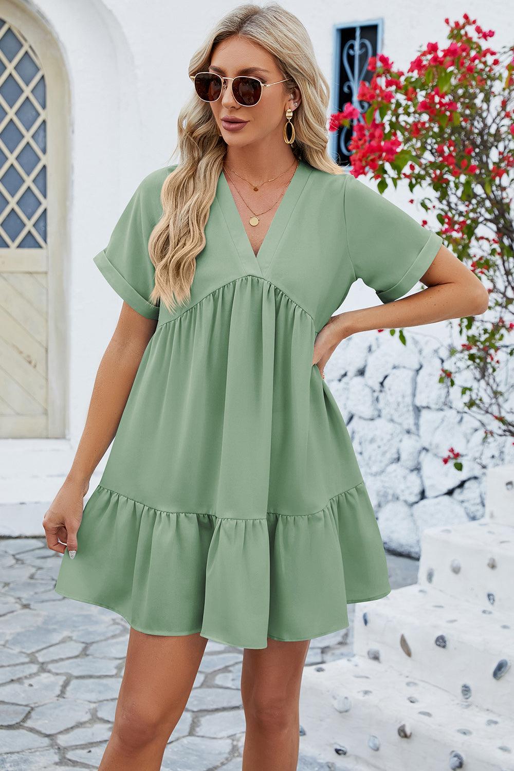 Ruched Tiered V-Neck Short Sleeve Mini Dress - God's Girl Gifts And Apparel