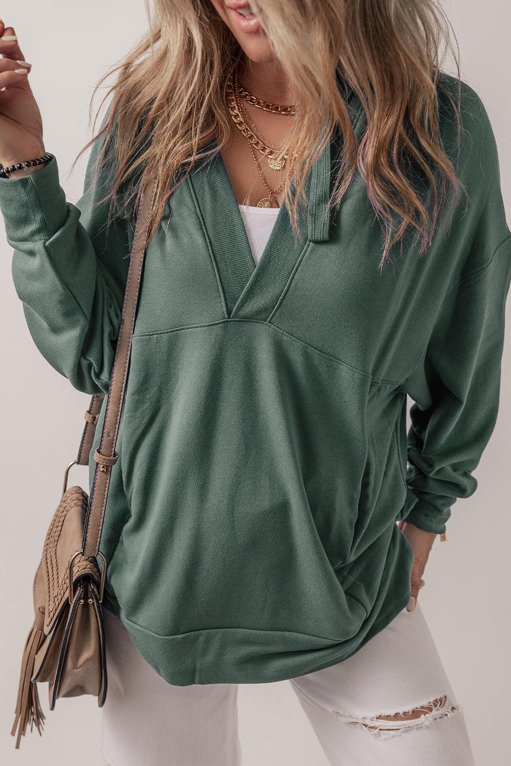 Sea Green Casual V Neck Drawstring Hoodie - God's Girl Gifts And Apparel
