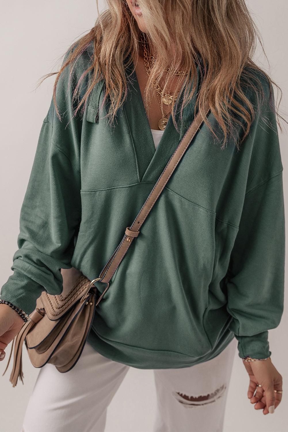 Sea Green Casual V Neck Drawstring Hoodie - God's Girl Gifts And Apparel