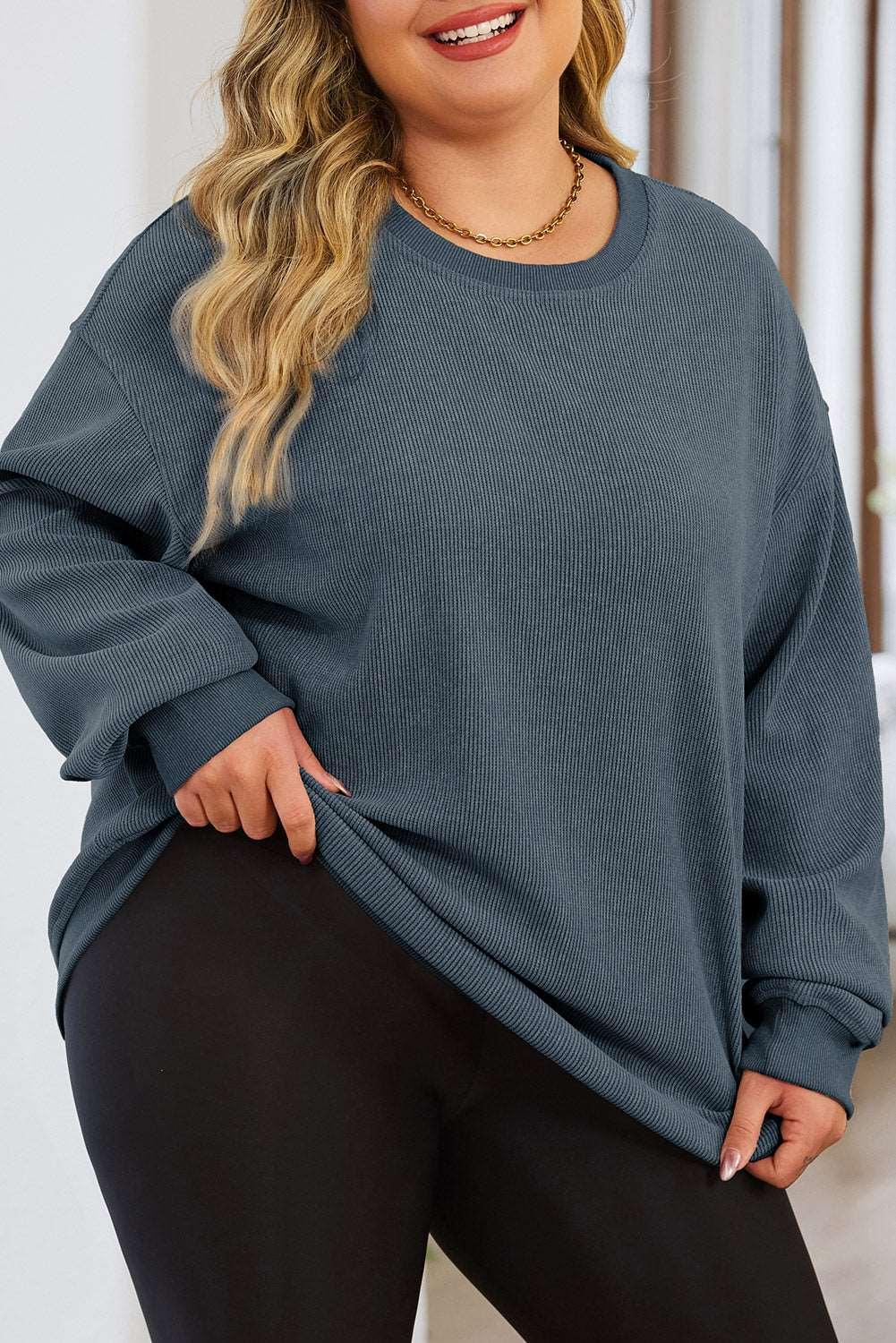 Solid Color Ribbed Knit Round Neck Pullover Sweatshirt