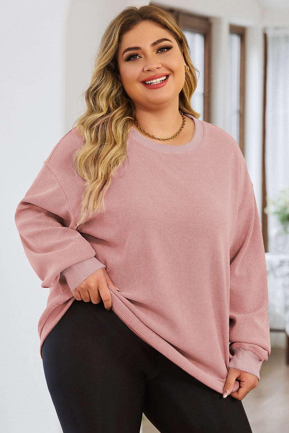 Solid Color Ribbed Knit Round Neck Pullover Sweatshirt