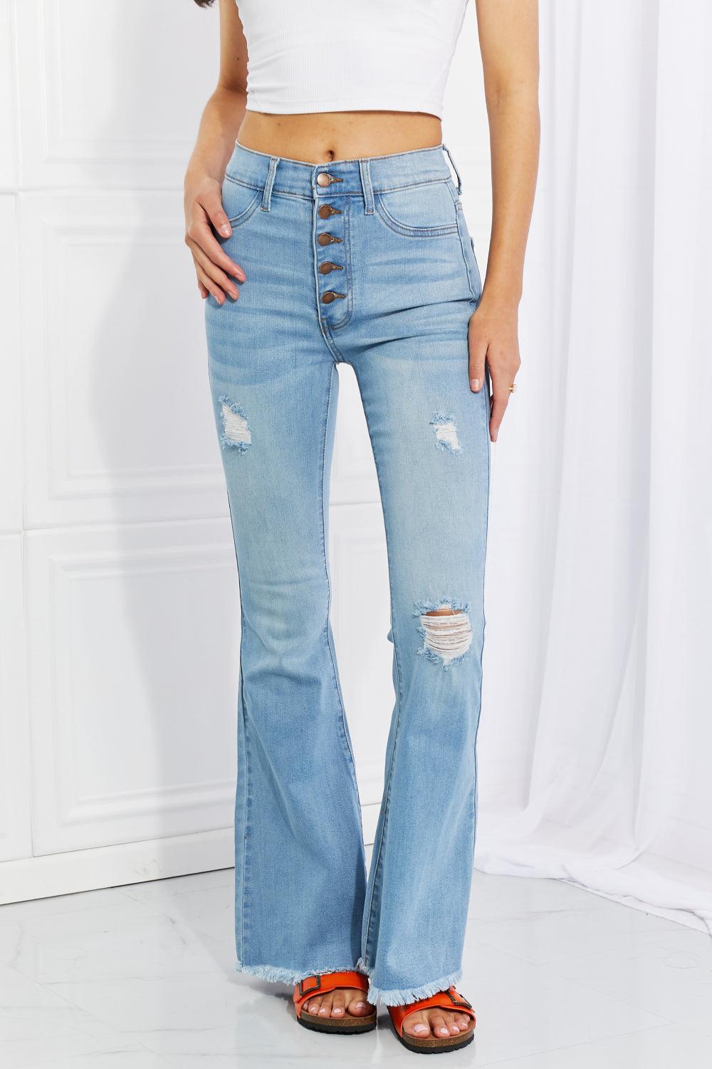 Vibrant MIU Full Size Jess Button Flare Jeans - God's Girl Gifts And Apparel