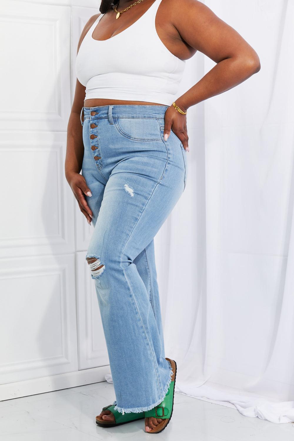 Vibrant MIU Full Size Jess Button Flare Jeans - God's Girl Gifts And Apparel