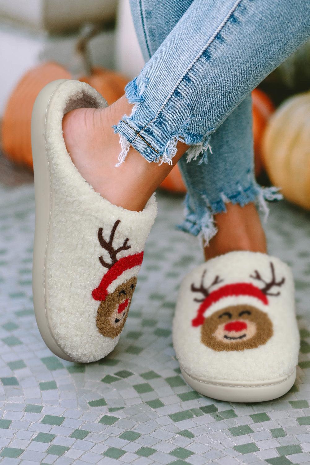 White Christmas Deer Plush Slippers - God's Girl Gifts And Apparel