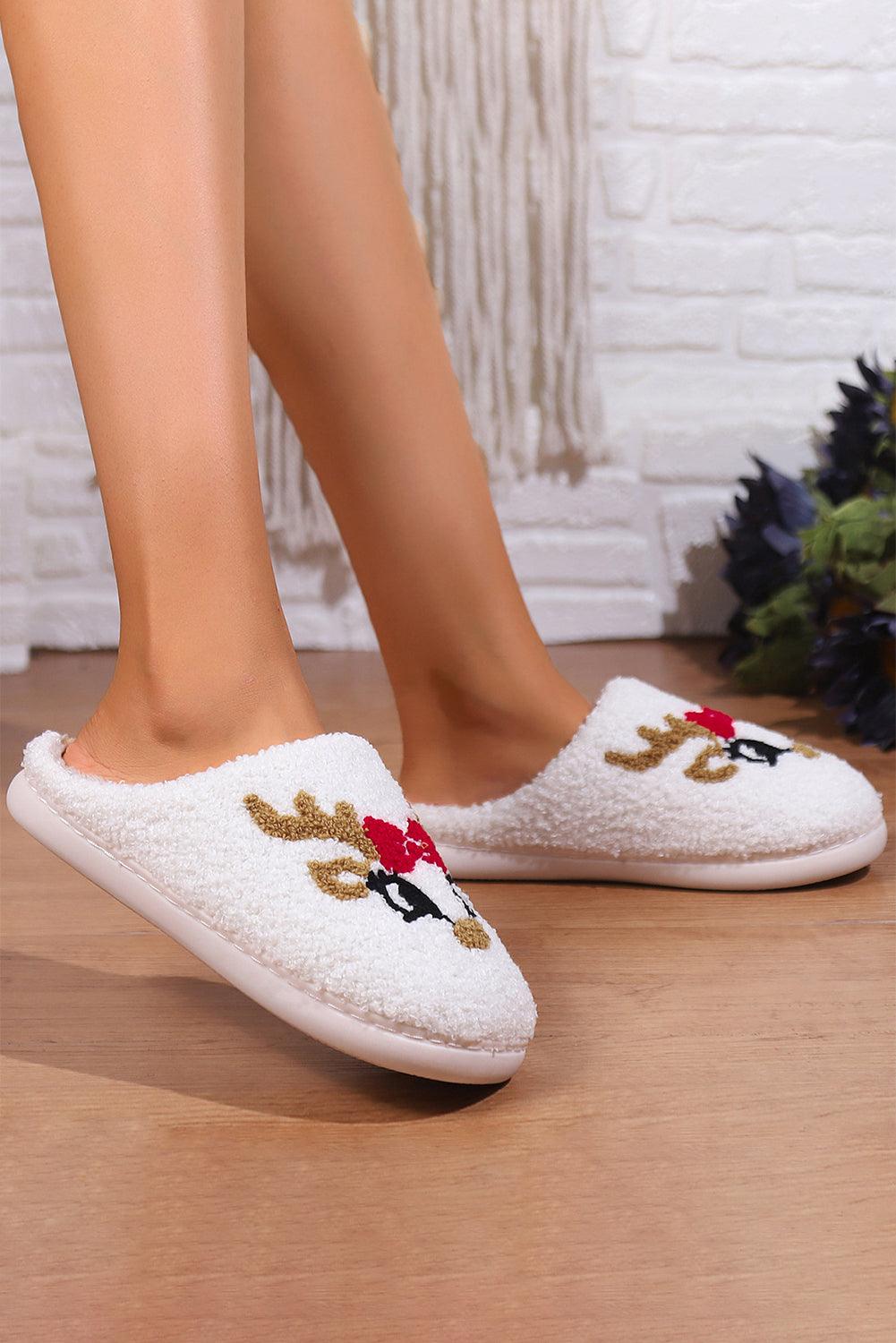 White Christmas Doe Reindeer Pattern Plush Slippers - God's Girl Gifts And Apparel