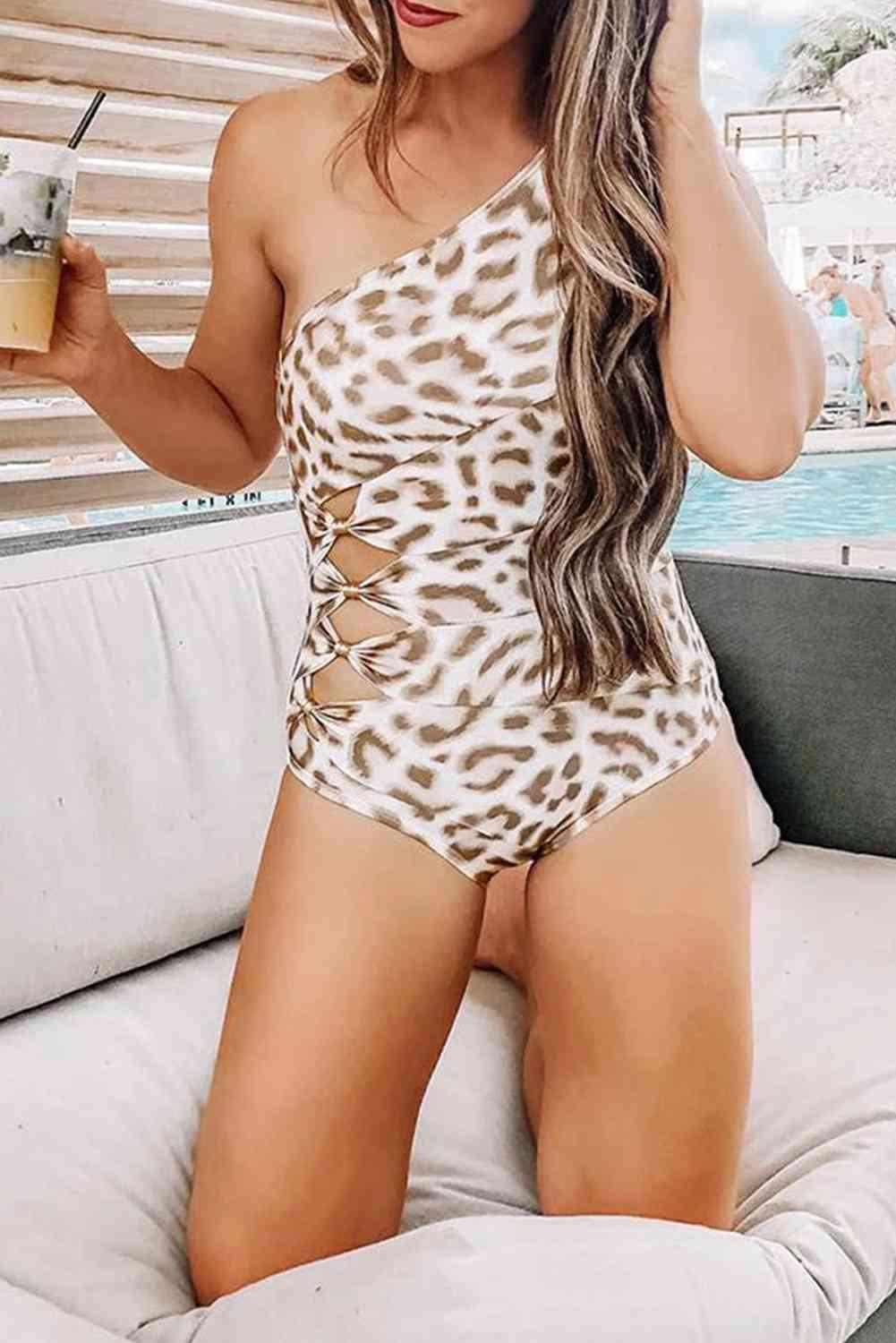 Asymmetrical Leopard Print Cutout Swimsuit - God's Girl Gifts And Apparel