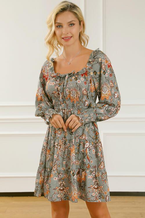 Boho Style Floral Printed Smocked Lantern Sleeve Tiered Dress - God's Girl Gifts And Apparel