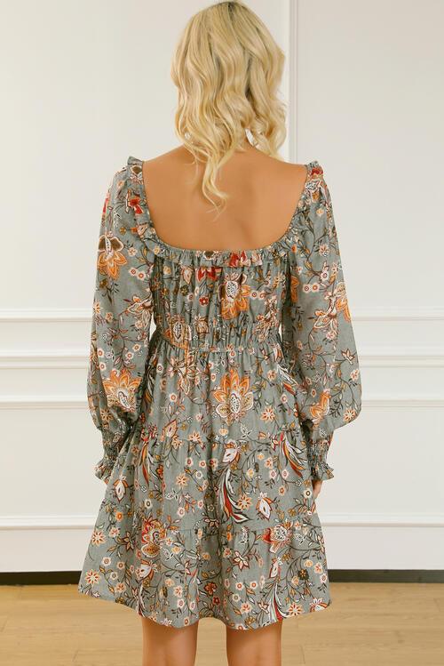 Boho Style Floral Printed Smocked Lantern Sleeve Tiered Dress - God's Girl Gifts And Apparel