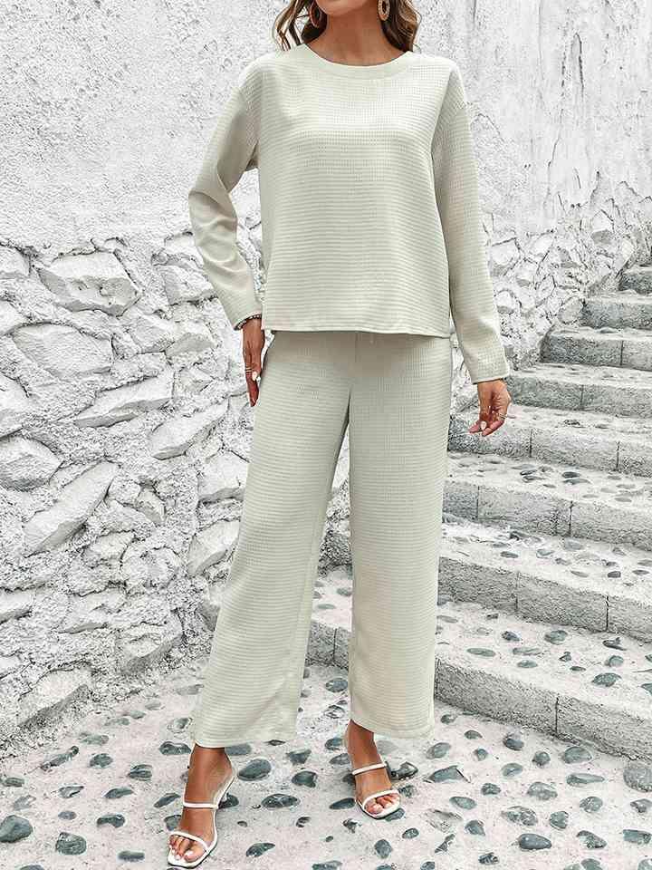 Creme Colored Round Neck Long Sleeve Top and Pants Set - God's Girl Gifts And Apparel