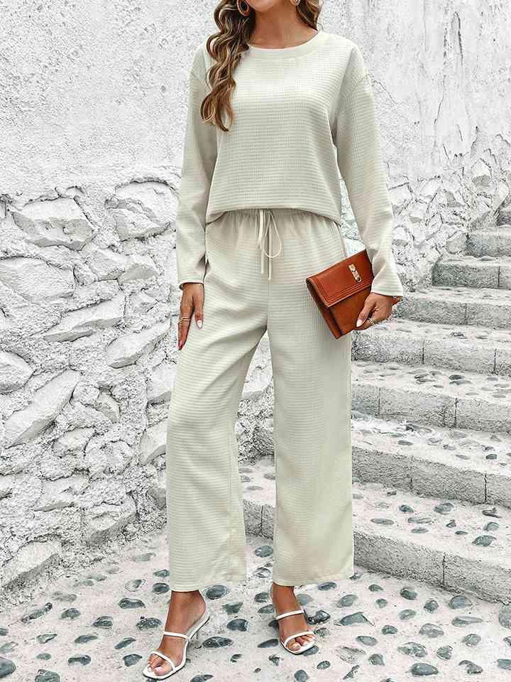 Creme Colored Round Neck Long Sleeve Top and Pants Set - God's Girl Gifts And Apparel