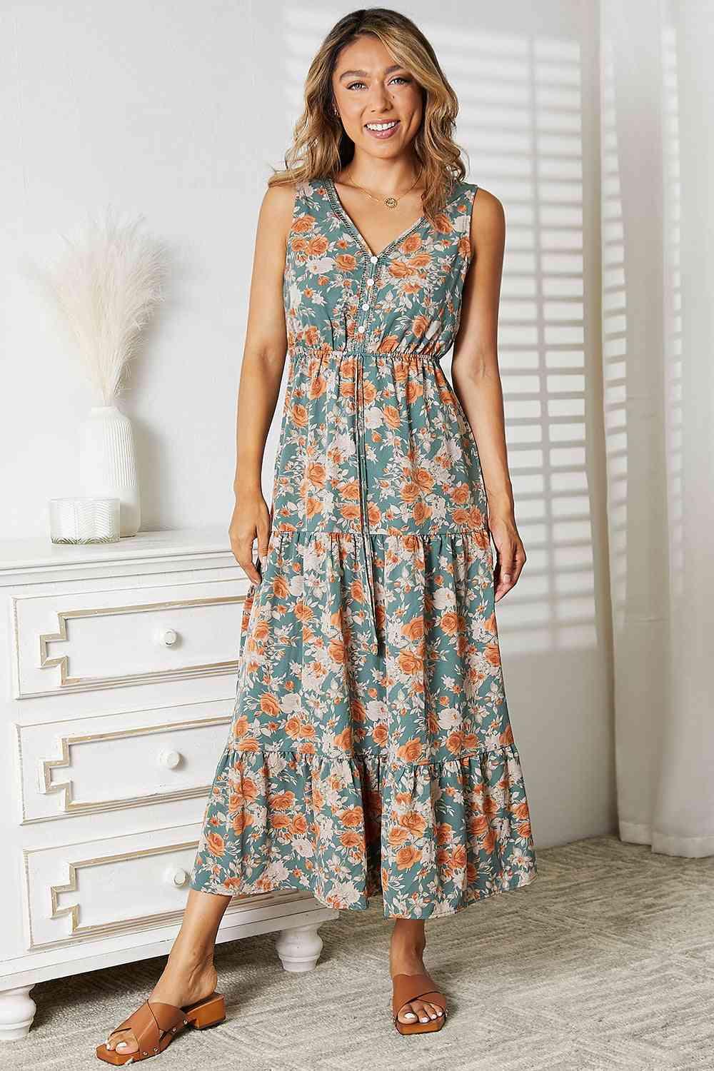Double Take Floral V-Neck Tiered Sleeveless Dress - God's Girl Gifts And Apparel