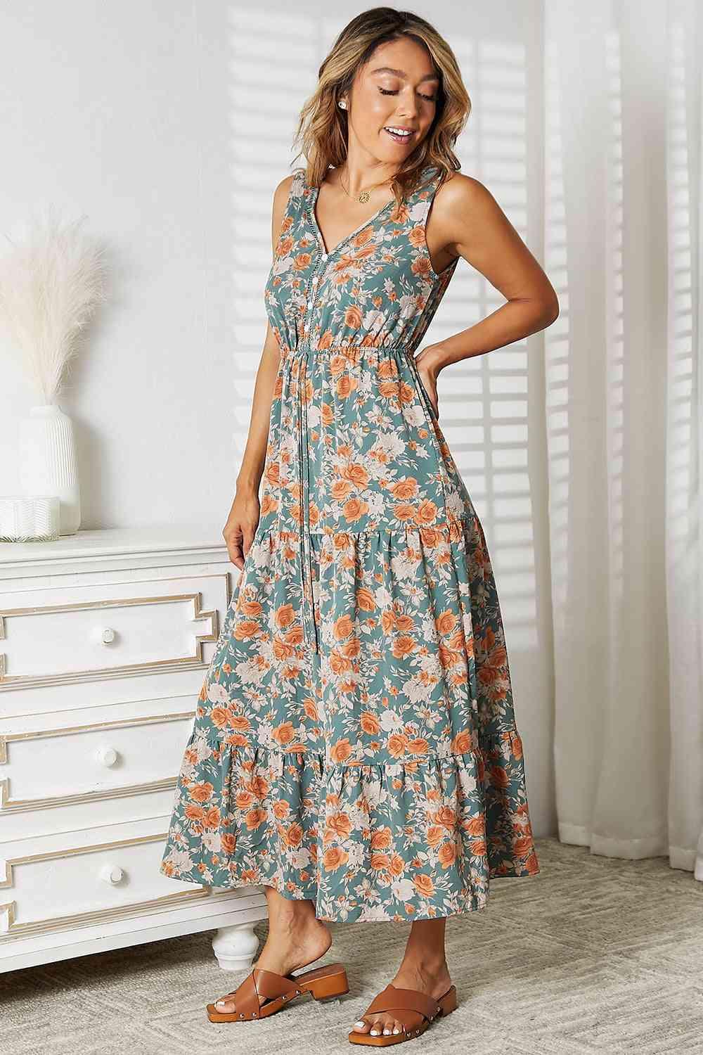 Double Take Floral V-Neck Tiered Sleeveless Dress - God's Girl Gifts And Apparel