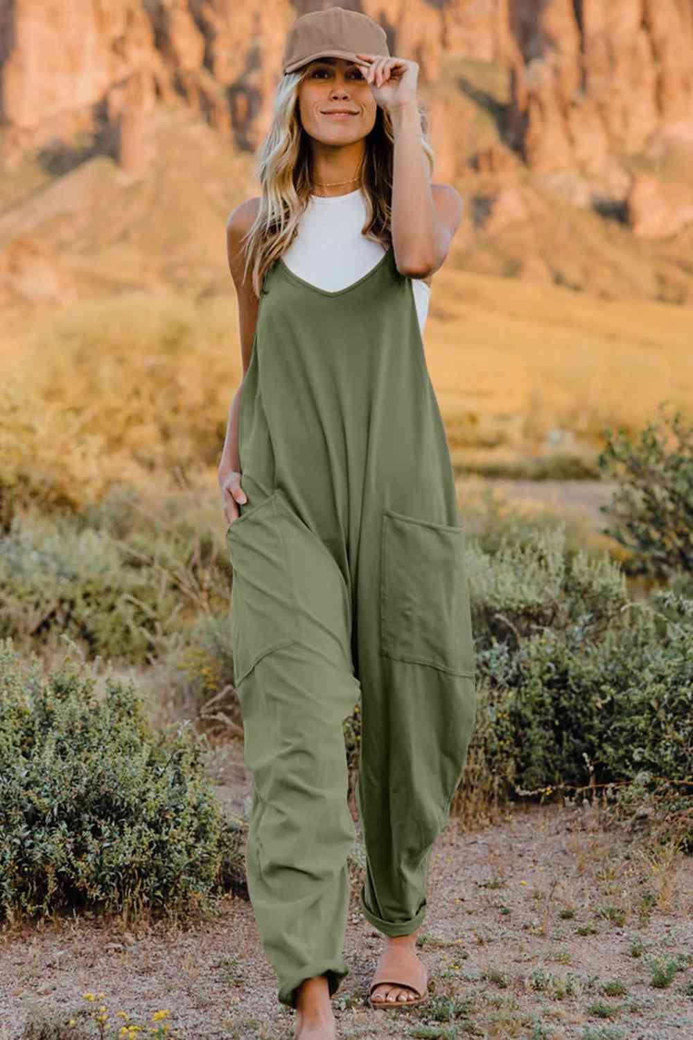 Double Take V-Neck Sleeveless Jumpsuit with Pockets - God's Girl Gifts And Apparel
