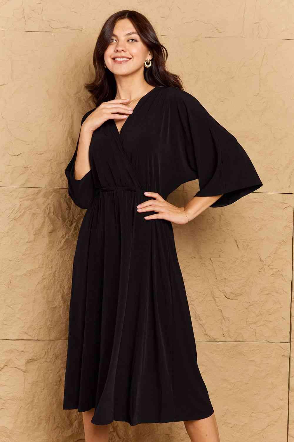 Elegant Solid Black Midi Dress by OneTheLand - God's Girl Gifts And Apparel