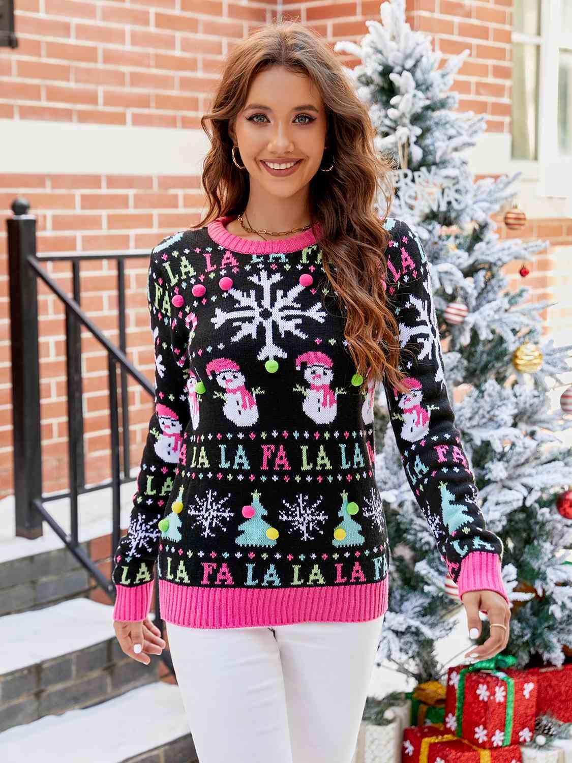 Fa-la-la-la-la Pink Trim Christmas Sweater - God's Girl Gifts And Apparel