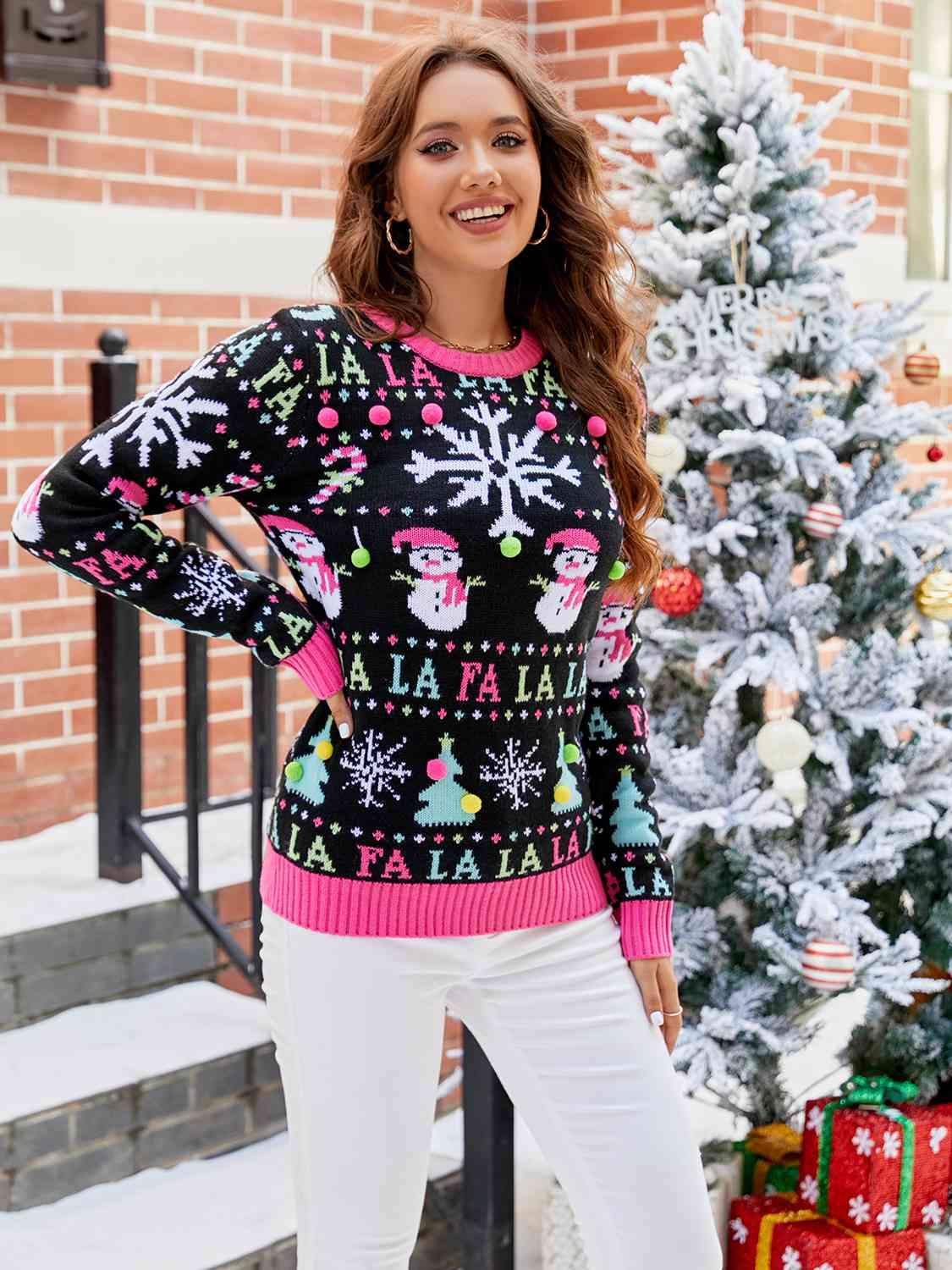 Fa-la-la-la-la Pink Trim Christmas Sweater - God's Girl Gifts And Apparel