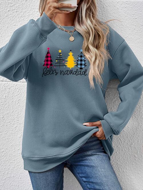 Feliz Navidad Round Neck Christmas Graphic Long Sleeve Sweatshirt - God's Girl Gifts And Apparel