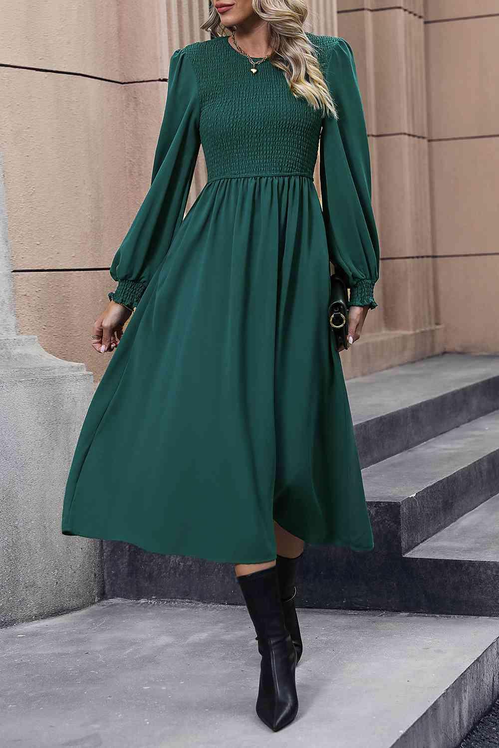 Flowy Smocked Green Long Sleeve Midi Dress - God's Girl Gifts And Apparel